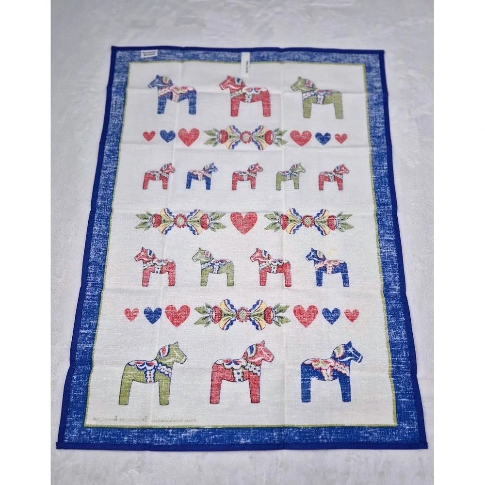 Skandinavisk Hemslojd Tea Towel White Blue Dala Horse Linderholm